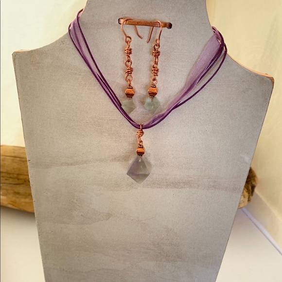 Fluorite Octahedron Crystal Pendant & Earrings Set - Picture 3 of 8